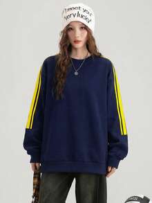 JUTU Autumn/Winter Women's Loose Crew Neck Long Sleeve Knit Sweatshirt With Side Stripes And Color Block, Sporty Casual Style For Campus, Daily Wear, Commuting And Travel - Royal Blue and Yellow - View 2