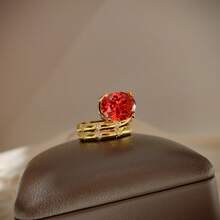 European & American Style Orange-Red Zirconia Double Layer Wide Band Women's 18K Gold Plated Luxury Party Oval Ring - Orange - View 3