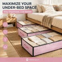 1/3-Pack Pink Striped Under-Bed Wardrobe Organizer And Storage Box, Foldable Under-Bed Storage Box, Multi-Purpose, For Storing Blankets, Skirts, Quilts, Pillows, Clothes And Other Items Under The Bed, Saving Space. - Pink Striped Bed - View 1