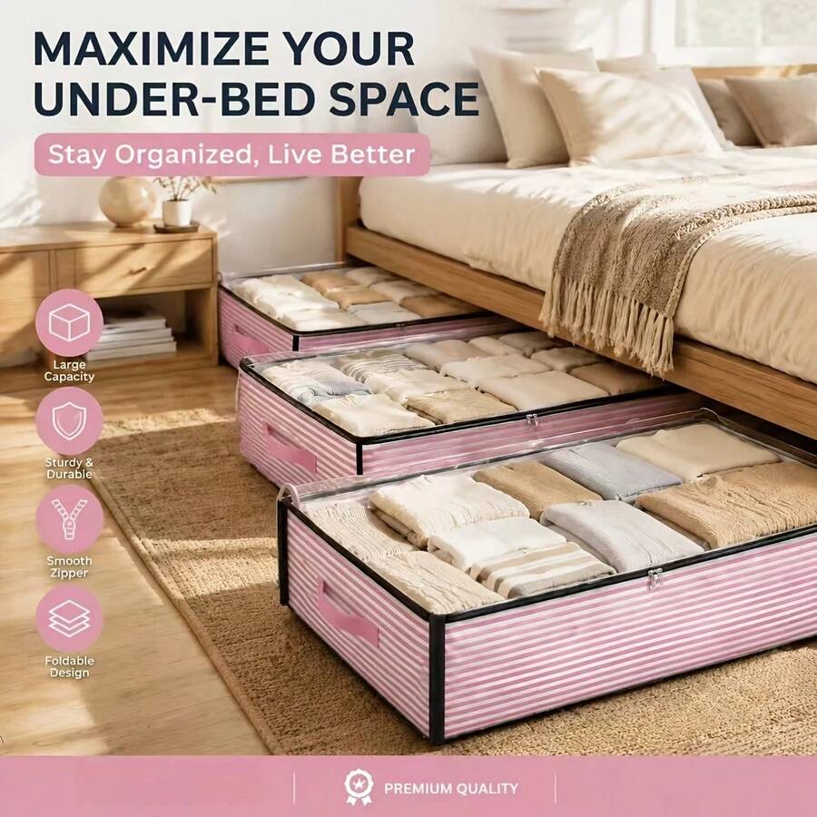 1/3-Pack Pink Striped Under-Bed Wardrobe Organizer And Storage Box, Foldable Under-Bed Storage Box, Multi-Purpose, For Storing Blankets, Skirts, Quilts, Pillows, Clothes And Other Items Under The Bed, Saving Space. - Pink Striped Bed - View 1