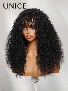 UNice Fluffy Curly Wig With Pre-Cut Bangs, Glue-Free 2*4 Lace, Natural Black, 100% Human Hair, With Drawstring, Pre-Cut Pre-Plucked, Bleached Roots, Ready-To-Wear, Suitable For Beginner Women, 150% Density - Natural Black - View 17