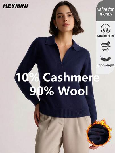 HEYMINI Women's New Vintage Lapel Waist-Cinching Solid Color Knit Wool Sweater, Comfortable Wool Blend Long Sleeve Pullover, Autumn/Winter Fashion Top