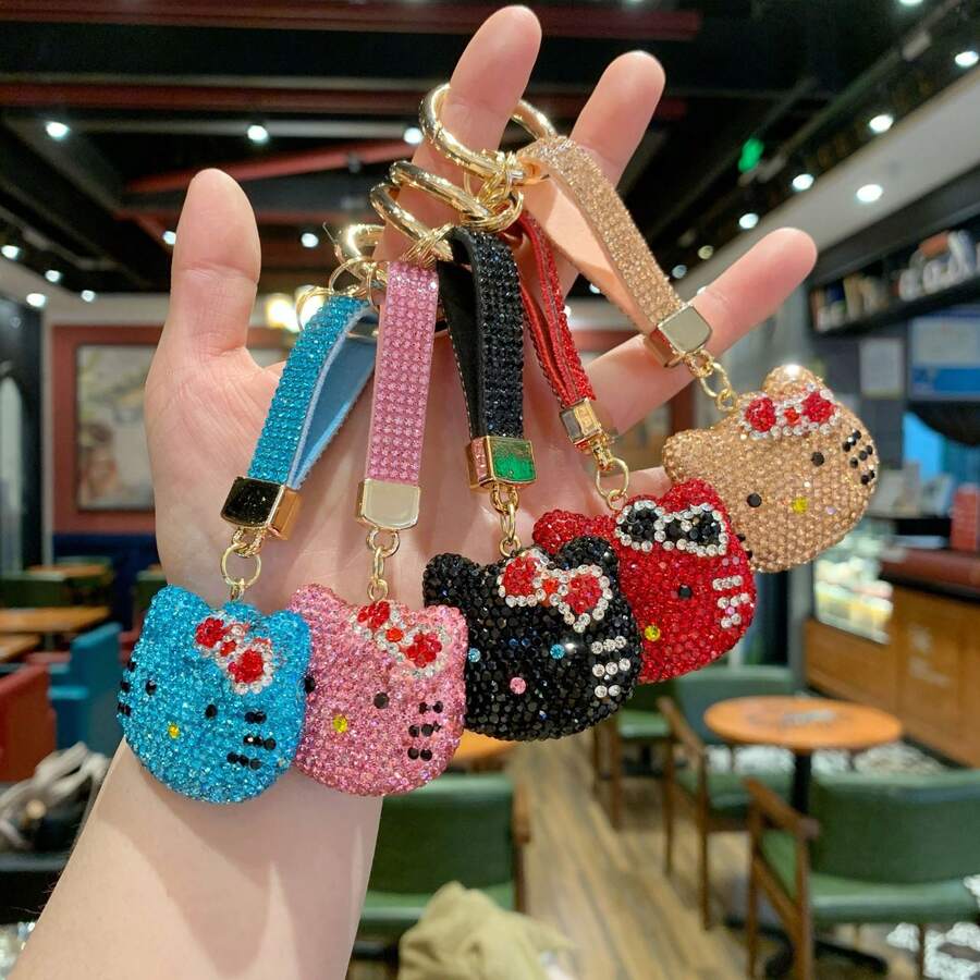 Hasbro New Double-Sided Rhinestone Cute KT Cat Keychain Pendant, Premium Girls Bag Charm, Car Decor Hanging Ornament - One Size - View 1