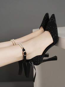 Spring New Fashion Bow Black & Burgundy High Heel Chunky Heel Pointed Toe French Low Vamp Versatile Women's Pumps Suitable For Party & Wedding - Black - View 1
