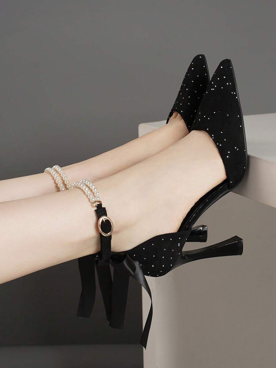 Spring New Fashion Bow Black & Burgundy High Heel Chunky Heel Pointed Toe French Low Vamp Versatile Women's Pumps Suitable For Party & Wedding - Black - View 1