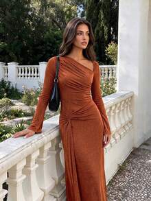 Elegant Brown Knit Asymmetric Collar Long Sleeve Maxi Dress With Knot Detail, Suitable For Party And Vintage Style - Rust Brown - View 3