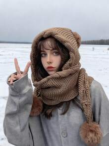 1pc 3-Ball Pom Pom Knitted Hat With Scarf, Autumn/Winter Multi-Purpose Cute Pom Pom Earflap Thick Warm Knit Hat - A - View 5