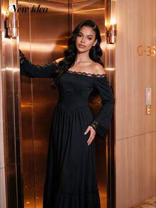 NEW IDEA Women Gothic Elegant Black Fall Winter Midi Dress, Off Shoulder Lace Trim Ruffle Hem Dress For Halloween, Night Out, Party, Going Out - Black - View 3