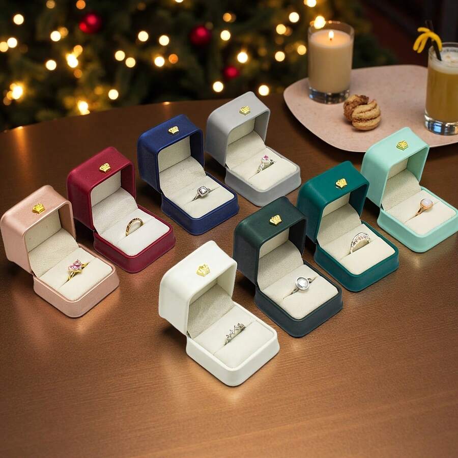 Premium PU Material Ring Box With Crown Design, Luxury Jewelry Storage Box, Suitable For Rings And Earrings, Ideal Choice For Proposal, Wedding, Birthday, Anniversary Gift And Decoration - A - View 1