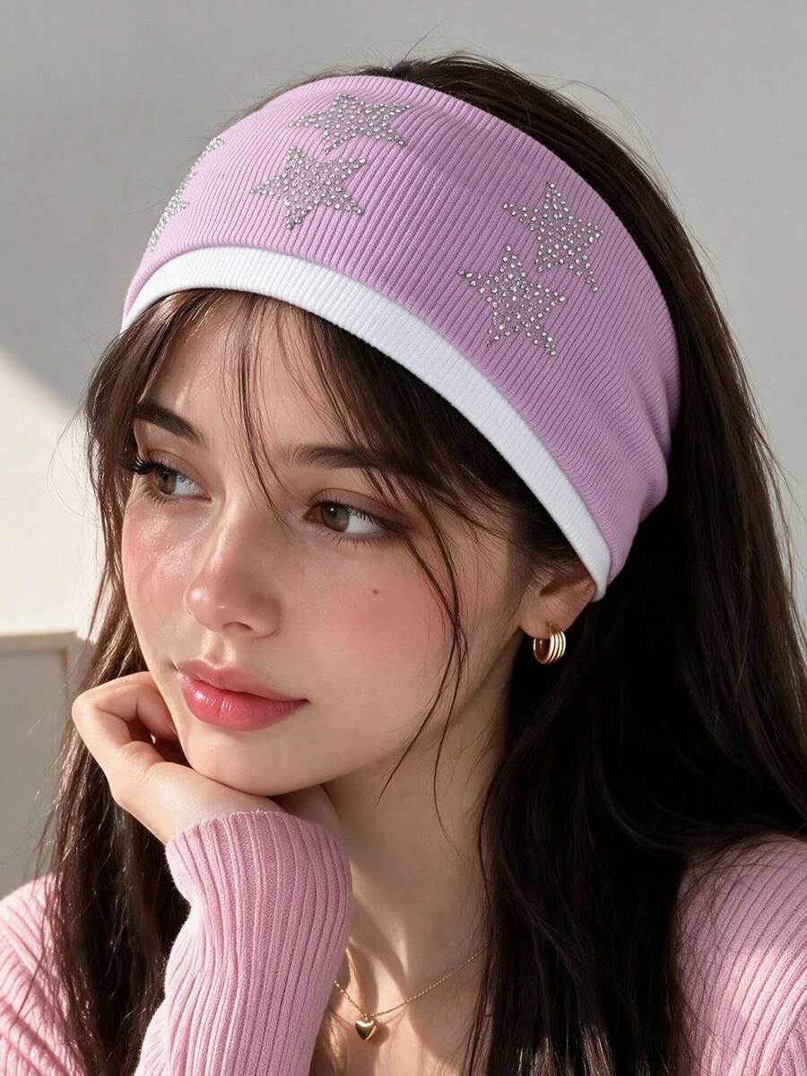 2pcs/4pcs Women's Ribbed Knit Headband Set, Rhinestone Star Wide Elastic Headband, Y2K Street Style Soft Elastic Hairband, Suitable For Autumn/Winter Sports, Yoga, Daily Makeup, Face Washing Hair Accessory - Multicolor - View 1
