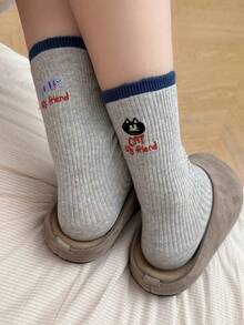 1/2/3/4 Pasang Kaos Kaki Abu-abu Anak Perempuan Setengah Betis, Desain Kucing Kartun Lucu, Kaos Kaki Panjang Slouch Musim Gugur/Dingin, Gaya Korea Ins - MultiWarna - View 4