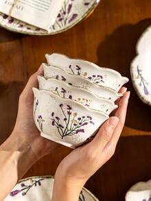 Vintage Lavender Hand-Painted Ceramic Bowl, Petal Rim Underglaze Floral Rice Bowl, Yogurt Oatmeal Breakfast Dessert Bowl For Home Kitchen Gift Idea - Multicolor - View 16