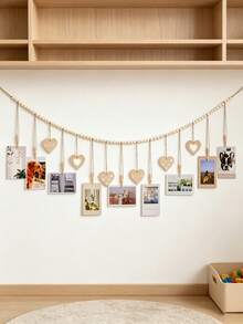1pc Bohemian Style Photo Frame Storage Rack With 9 Clips And 6 Heart-Shaped Pendant Garlands, Suitable For Baby Keepsakes And Nursery Decor - Multicolor - View 1