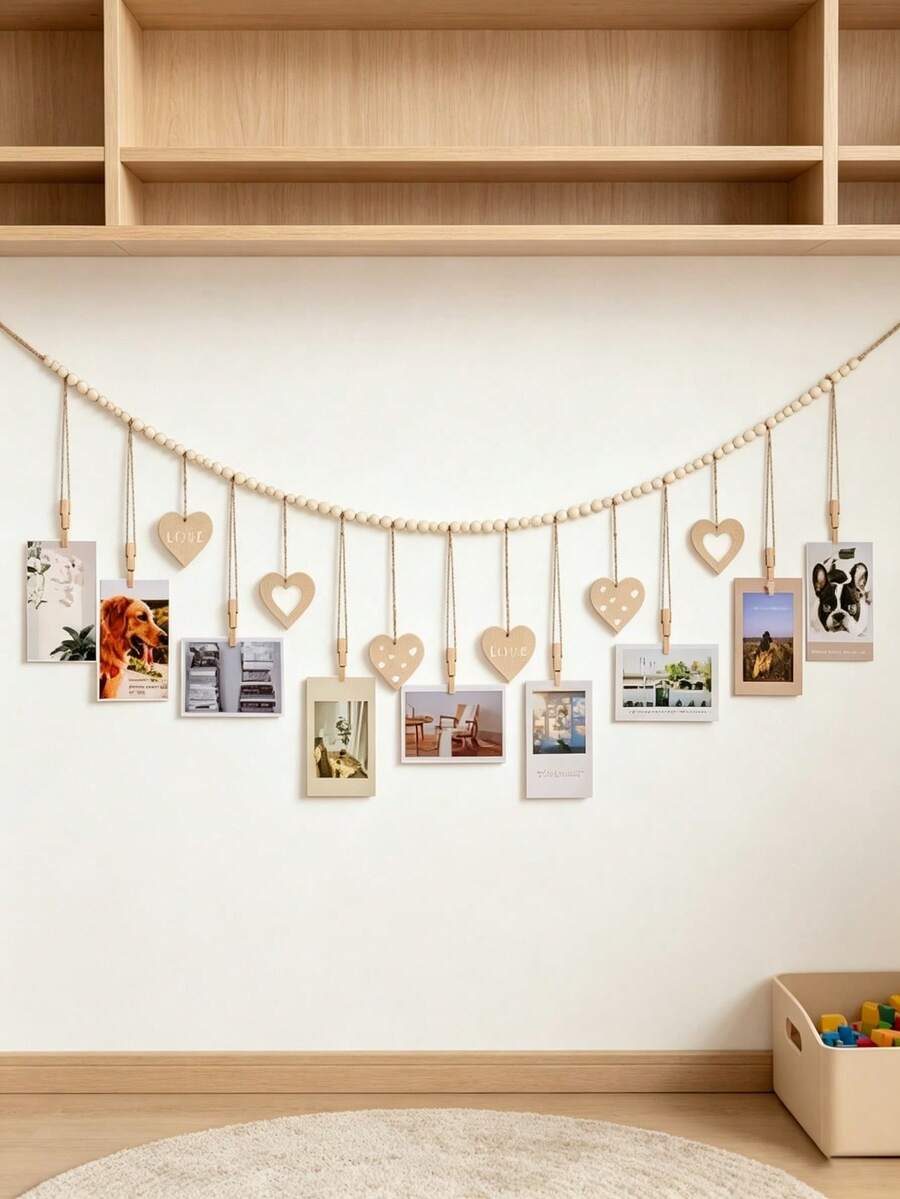 1pc Bohemian Style Photo Frame Storage Rack With 9 Clips And 6 Heart-Shaped Pendant Garlands, Suitable For Baby Keepsakes And Nursery Decor - Multicolor - View 1
