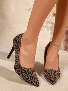 Women's Pointed Toe Asymmetrical Leopard Print Casual Street Commute Rubber Sequin Low Vamp Stiletto High Heel Slip-On Party Shoes Suitable For All Seasons - Brown - View 4
