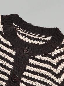 Women's Light Coffee Striped Knit Cardigan, Autumn Long Sleeve Round Neck Button Sweater, Regular Length Semi-Sheer Textured Jacket - Multicolor - View 4