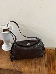 Shoulder Bag, Rich Textured Surface, Rope Knot Details On Both Sides Add Design Sense, Adjustable Shoulder Strap, Supports Underarm, Crossbody And Multiple Carrying Ways. Moderate Capacity, Can Store Basic Personal Items, Vintage Clean Silhouette Suitable For Daily Outings, Shopping And Dating, Creating A Simple And Personalized Outfit Look. - Coffee Brown - View 2