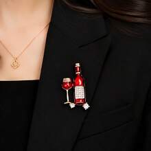Vintage Enamel Wine Bottle & Goblet Brooch, Clear Rhinestone Inlaid Lapel Pin, Alloy Decorative Badge For Coat Scarf Fashion Jewelry Gift - Red - View 2