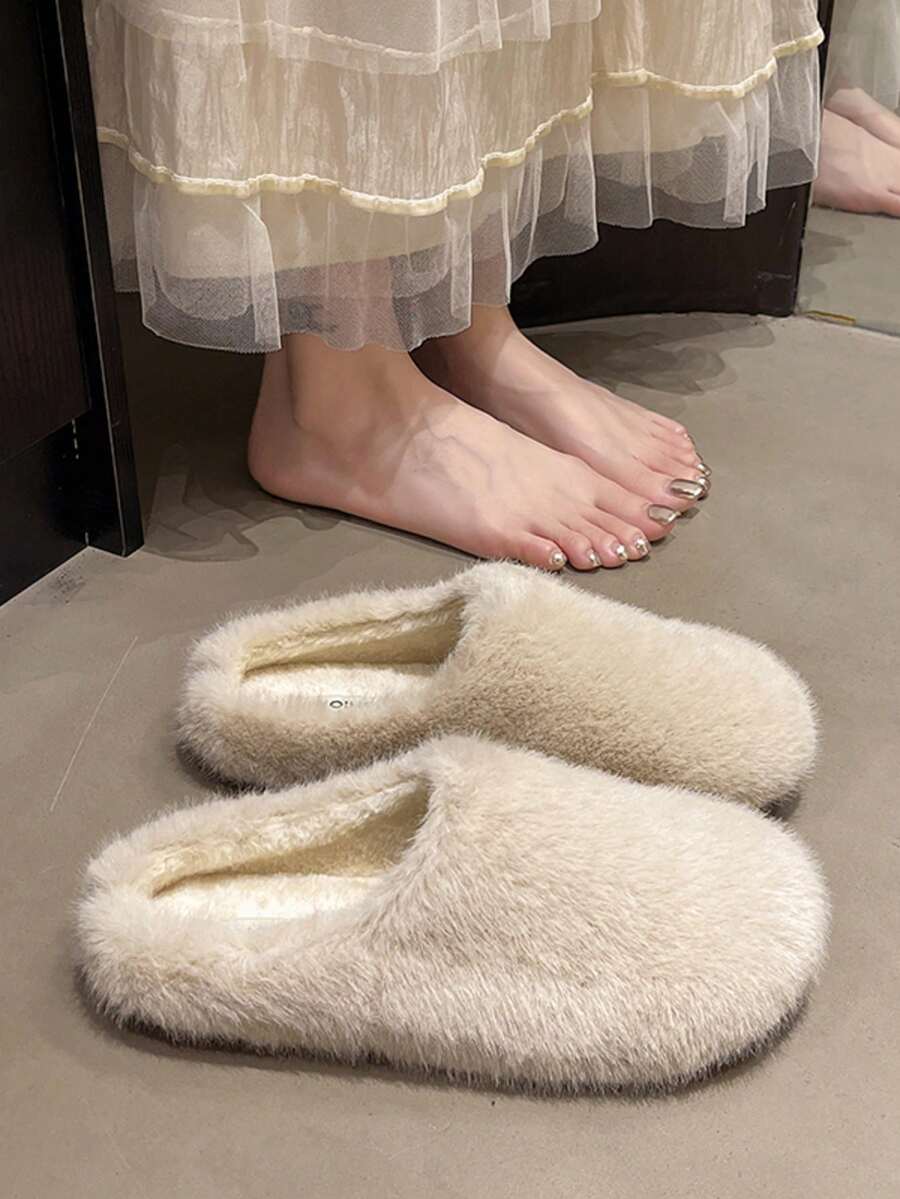 Sandal Bulu Imitasi Cerpelai Serbaguna untuk Musim Gugur/Dingin untuk Wanita, Ujung Bulat, Lapisan Termal, Hangat, Sandal Rumah Termal Serbaguna - Krem - View 1
