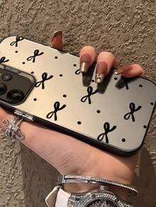 1pc Matte Silver Gray Base Black Bow Polka Dot Phone Case, Compatible With Android Devices, Minimalist Cute Aesthetic Design, Fashionable Girly Style Shockproof Protective Shell, Compatible With Samsung, Series Phones - Black - View 3