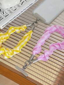 New Plaid Fabric Pleated Wrist Strap Phone Short Lanyard With Rotatable Washer Bag Charm - Yellow - View 5
