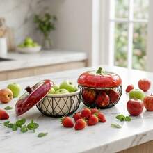 ZSLuckyHome 1pc Cute Strawberry And Apple Shaped Ceramic Top Wire Basket, Decorative Kitchen Countertop Fruit And Egg Storage Rack, Multi-Purpose Coffee Capsule, Vegetable, Snack Storage Box, Farmhouse Style Kitchen Decor, Unique Housewarming Gift - View 3