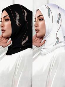 2pcs/Set Women's Fashionable Exquisite Muslim Hijab Headscarf, Silky Cotton Super Soft Fabric, Rhinestone Craft, Middle Eastern Home Fashion Headscarf - 2-pack Mercerized Cotton Rhinestone Headband, Multi-color - View 15