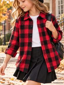 Unisex Kids Classic Street Casual Versatile Loose Fit Long Sleeve Red & Black Plaid Shirt, Suitable For Daily Wear, Vacation, Party And Other Activities - Red and Black - View 2
