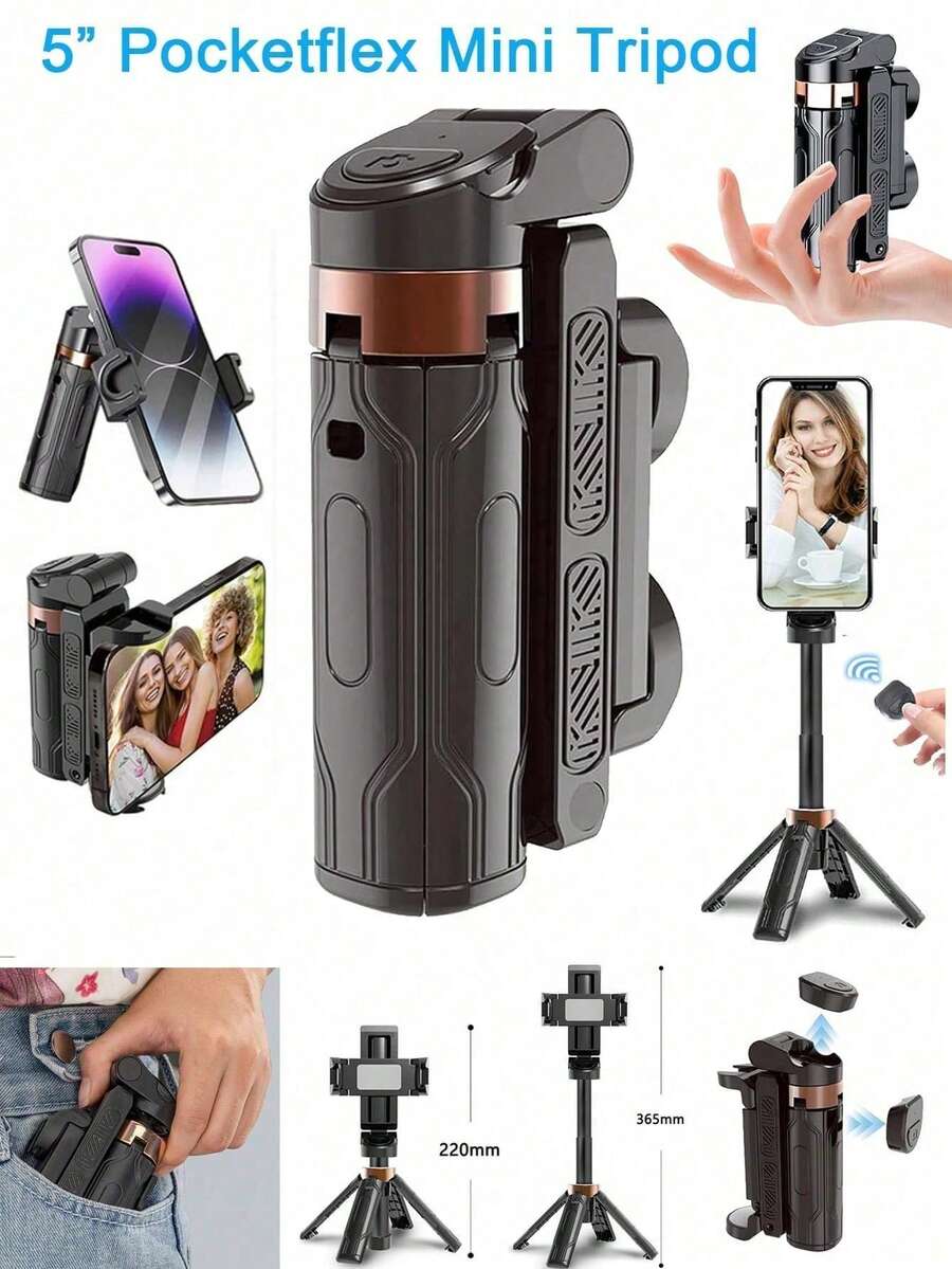 YAIUZGOO Trípode mini 3 en 1 para teléfono con mango extensible, control remoto desmontable, equipo de fotografía de viaje portátil de bolsillo, palo selfie trípode de aleación de aluminio con rotación flexible de 360°, interruptor de botón de un solo clic