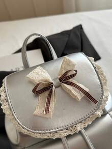 Autumn Delicate Lace Bowknot Double Shoulder Small Bag Sweet Ruffled Flap Drawstring Design PU Backpack For Girls Daily Outings - Multicolor - View 5