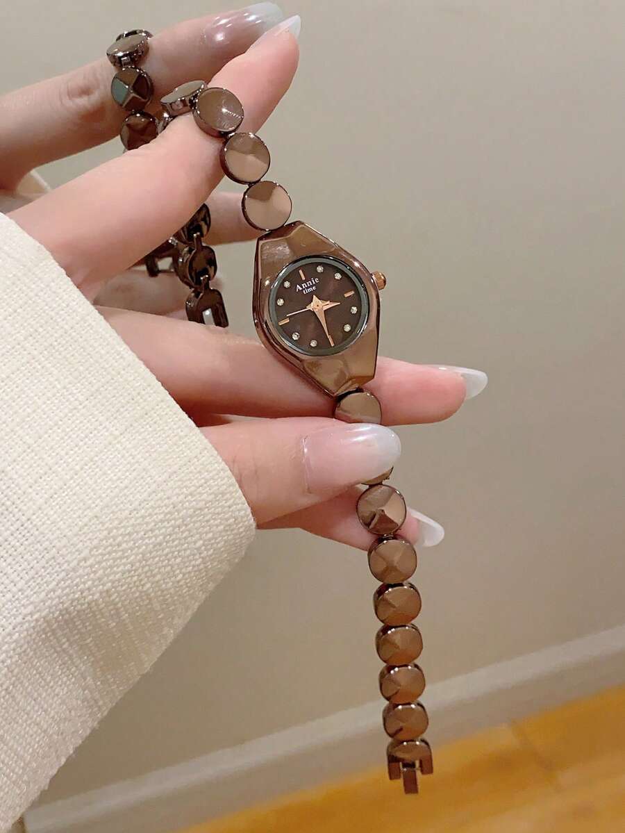 1件優雅咖啡色圓形石英女錶,配小圓錶帶與混搭刻度,適合日常配戴 - 棕色 - 查看 1