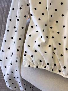 Bowknot Tie-Front Polka Dot Long Sleeve Blouse - White - View 5
