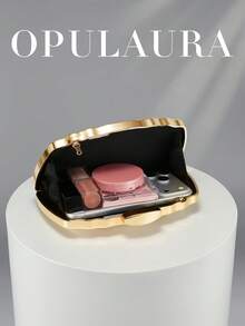 OpulAura 歐美時尚復古貝殼造型休閒紋理金屬色方盒手拿包，不對稱設計，磁吸開合，適合派對、婚禮、舞會、晚宴、女性生日派對及舞蹈聚會 - 金色 - 查看 10