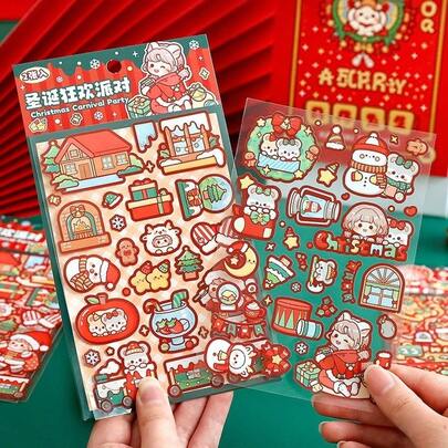 Cute Christmas Cartoon DIY Stickers, 2pcs/Pack, Christmas Fairy Tale Carnival Theme Decorative Stickers, PET Waterproof Stickers, Suitable For Scrapbooks, Journals, Laptops, Phones, Luggage, Holiday Stationery Accessories, Ideal Gift