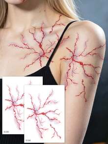 2Sheets Large Halloween Realistic Blood Vein Temporary Tattoos, Horror Fake Scar Stitch Wound Face Body Tattoo Stickers For Zombie Cosplay Face Body Makeup - Red - View 6