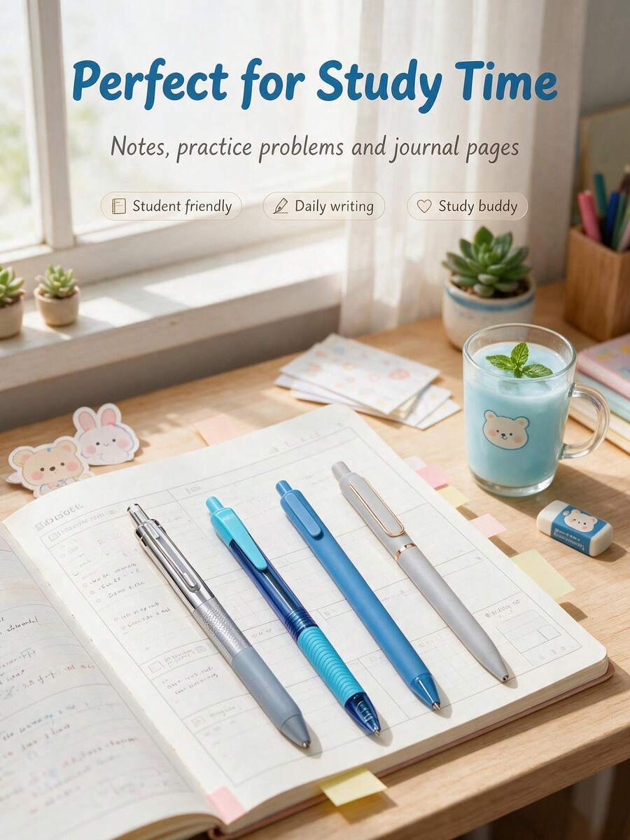 1/4pcs Blue Tone Series Clickable Neutral Pens, Fine Tip Smooth Black Ink Ballpoint Pens, Cute Stationery For Journaling And Note-Taking, Back To School Office Supplies, Ideal Gift For Students - Blue Tones - View 1