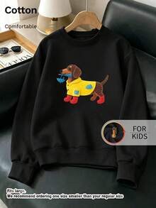 Kids Crew Neck Sweatshirt, Felt‑Style Dachshund In Raincoat Graphic Print Fleece Lined Warm Cotton Pullover For Kids - Black - View 9