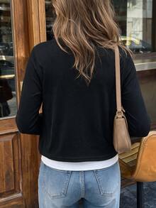 Plus Size Women's Solid Color Long Sleeve Single-Breasted Casual Top - Black - View 6