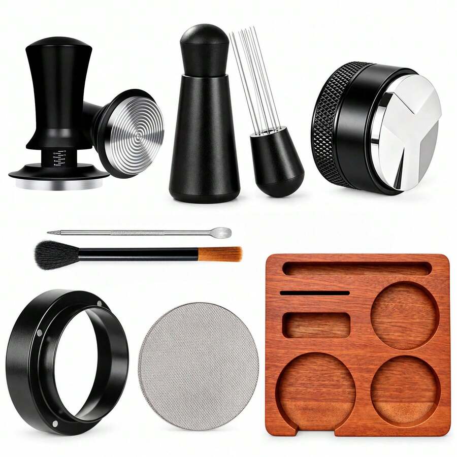 51/53/58mm Espresso Accessories Set, 8pcs Coffee Tamper Set With Wooden Base, WDT Tool, Distribution Tool, Puck Screen, Dosing Funnel, Brush And Latte Art Pen, Suitable For 51mm Portafilter Home Barista