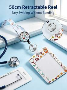Medical Element Cartoon Card Holder Set, Pink Medical Pattern Acrylic ID Badge Holder, Comes With Retractable Clip And Long Lanyard, Nurse Student Employee Badge Storage Card Pouch, Anti-Loss Portable, Fresh Sweet Style, Suitable For Commuting, Work, Campus Use, Recommended Gift For Family, Friends, Colleagues - Multicolor - View 5