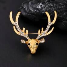 Luxury Rhinestone Inlaid Deer Antler Brooch Pin, Retro Gold‑Tone Animal Statement Accessory For Party Daily Clothing Decoration - Gold - View 4