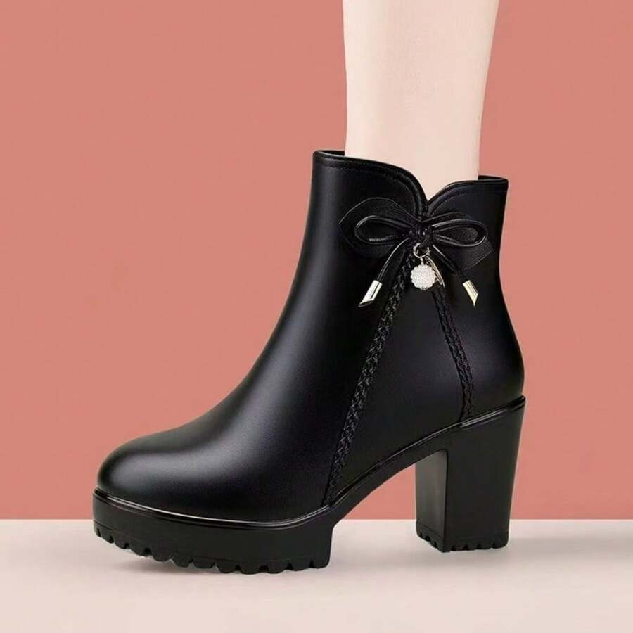 New Women's Chunky Heel Round Toe Ankle Boots, Autumn/Winter Mid-Heel Boots - Black - View 1
