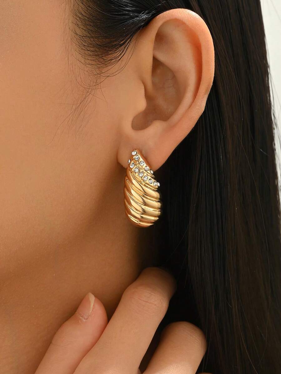 1 Pair European And American Fashion Rhinestone Inlaid Spiral Teardrop Earrings For Women - Gold - View 1