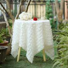 1pc 3D White Rose Floral Tablecloth, Lace Ruffled Square Table Cover, Suitable For Wedding, Bridal Shower, Birthday Party, Dessert Table, Baby Shower And Home Decor Photography Background, Elegant Romantic Tablecloth, All Season Use - White - View 3