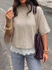 Women's Casual Cute French Elegant Batwing Sleeve Short Sleeve Lace Knit Pullover Sweater Top Fall - Apricot - View 2