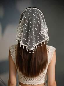1PC French Retro Off-White Star-Patterned Mesh Headband, Beaded Tassel-Edged Hair Accessory, Festive Party Headpiece - Off White - View 8