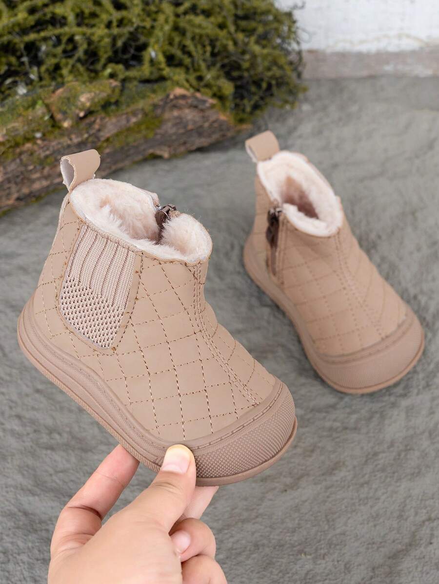 Toddler Thermal Lined Warm Boots, Unisex Solid Color Soft Sole Fashion Versatile Mid-Top Boots With Side Zipper Easy On/Off Kids Shoes - Khaki - View 1