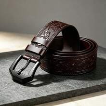 1pc Men's Luxury Belt, Vintage Style Belt, Black Alloy Buckle With Embossed PU Leather Strap, Suitable As Gift For Family, Birthday Gift - Brown - View 6