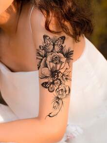2PCS Artistic Floral Bird Butterfly Pattern Party Gift Holiday Gift DIY Music Festival Temporary Tattoo Stickers For Arm Waist Abdomen Leg Waterproof Body Skin Tattoo Stickers - Black - View 2