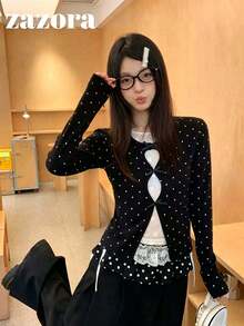 Black & White Polka Dot 2 In 1 Long Sleeve T-Shirt, Slim Fit Inner Layer With Lace Patchwork Design Top - Black and White - View 6